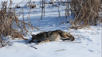 A deceased coyote lies in melting snow and floodwater at a swampy roadside, shot and abandoned among reeds, a somber scene of wildlife, predator control, and harsh winter survival