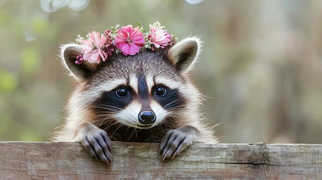 Curious raccoon peeping over fence with floral headpiece in forest setting
