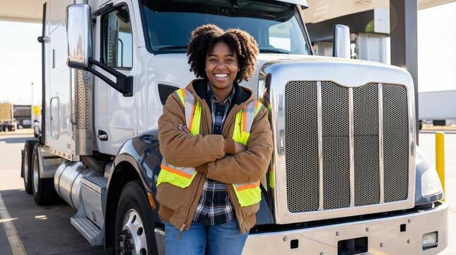 Black woman truck driver standing with crossed arms in front of semi truck vehicle outdoors. Transportation industry and logistics career success