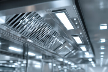 Modern stainless steel kitchen ventilation system with bright led lighting in a professional culinary environment for efficient air extraction and cleanliness