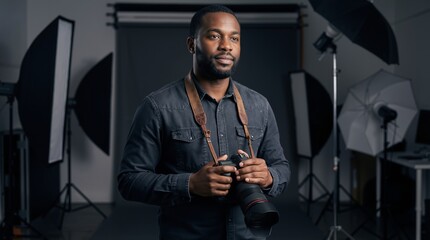 African american man photographer holding camera in studio with lighting equipment. Creative occupation and media industry banner with copy space