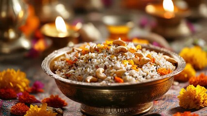Festive celebration with traditional rice dish surrounded by vibrant flowers and candlelight ambiance