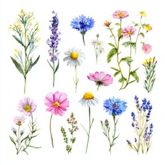 Watercolor collection of delicate wildflowers and herbs arranged on a white background. Botanical illustration set with pastel colors and natural textures.