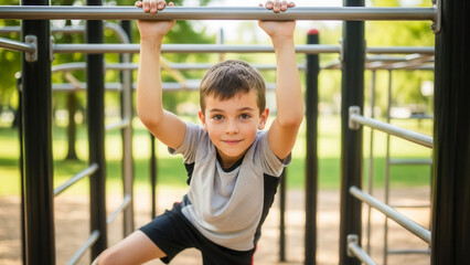 Obraz premium Caucasian boy climbing jungle gym in park, childhood activity and physical fitness outdoors
