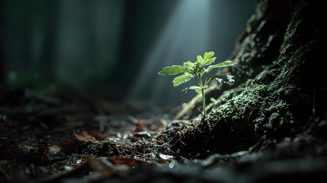 Tiny green seedling sprouting from earth at the base of a massive tree trunk in a dark forest, highlighted by a magical spotlight effect.