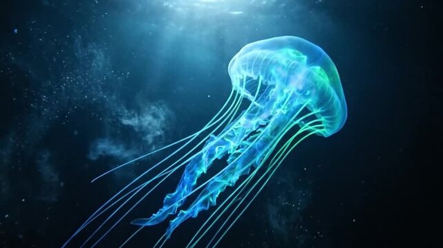 Bioluminescent jellyfish glowing in the deep sea midnight zone