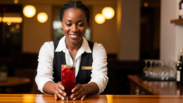 African-American woman bartender serving red cocktail with fruit and straw in cozy lounge, hospitality and beverage service