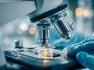 Medical research scientist examining samples through advanced microscope in laboratory setting for innovative scientific analysis and discovery