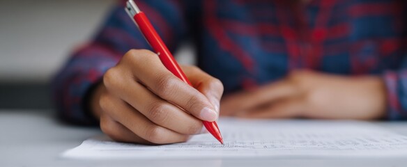The teacher grades student assignments using a red pen.
