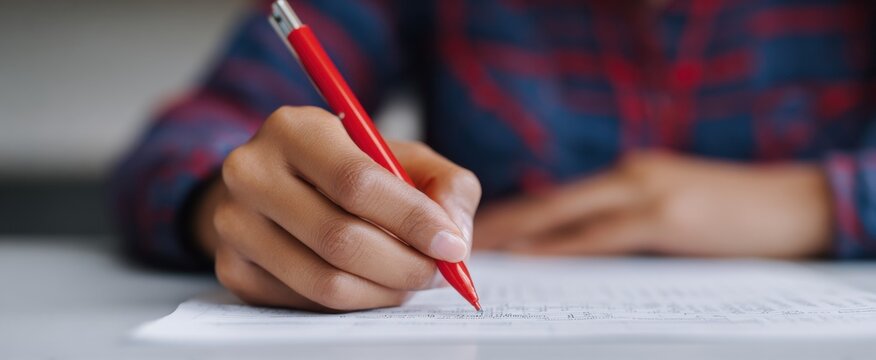 The teacher grades student assignments using a red pen.
