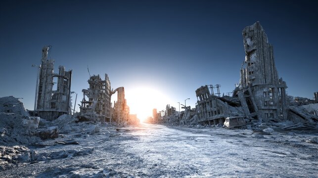 A digitally generated post-nuclear city in winter, featuring ruined architecture, desolate streets, and apocalyptic decay under a bleak sky, illustrating devastation and survival