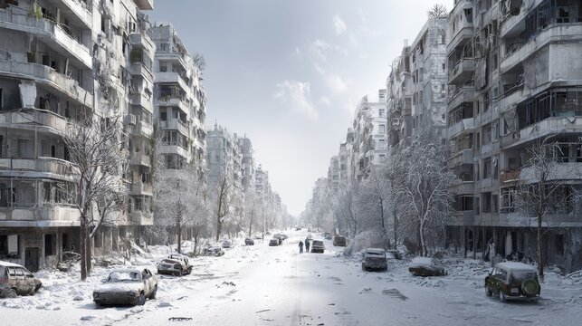 A digitally generated post-nuclear city in winter, featuring ruined architecture, desolate streets, and apocalyptic decay under a bleak sky, illustrating devastation and survival