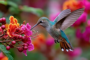Obraz premium Hummingbird hovers near colorful blossoms