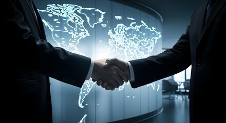 Two business professionals shake hands in agreement against a glowing digital world map projection in a modern corporate setting.