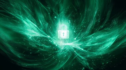 Futuristic green digital illustration of a glowing padlock icon with abstract energy waves and particles, representing cybersecurity, data protection, encryption, and privacy concepts
