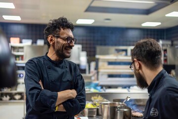 Two chefs in black uniforms smiling and talking in a professional kitchen setting