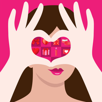 Heart made of fingers, concet for valentine card. Young beautiful woman with love symbol for Valentine's Day. Be my Valentine vector art design 