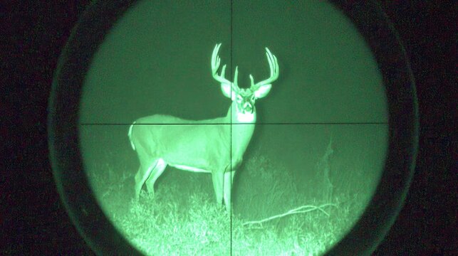 A solitary deer alert in moonlit forest, viewed through rifle scope crosshairs with grainy night vision, a dramatic stylized scene of wildlife observation, hunting, and wilderness survival