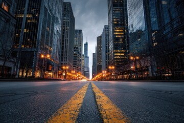 Low-angle view of a city street at dusk, flanked by towering skyscrapers