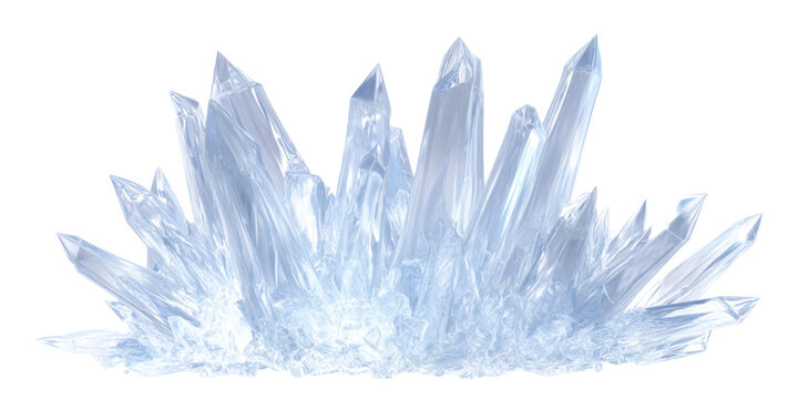 A Beautiful Cluster of Pointed Light Blue Ice Crystals or Quartz Gemstones Glowing with an Inner Light on a Transparent Background