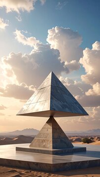 Monumental sculpture of inverted pyramids in desert, with vast sky and puffy clouds
