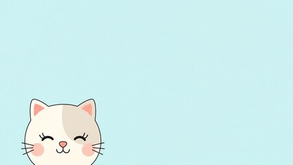 Cute Cartoon White Cat Face Peeking from Corner on Light Blue Background