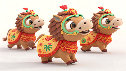 Fototapeta premium Three cartoon horses with traditional chinese outfit