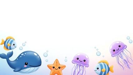 Cute Cartoon Sea Animals with Bubbles on a Colorful Gradient Background