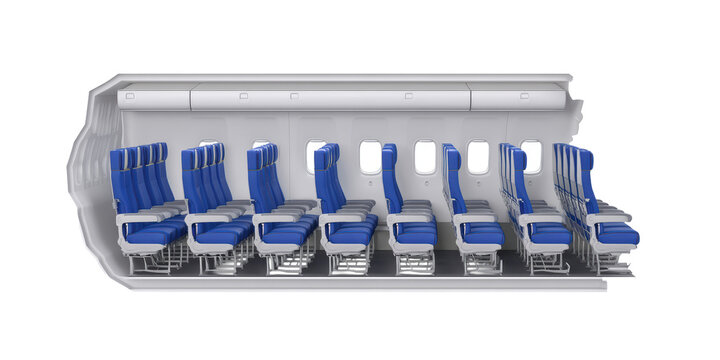 A Cross Section View of a Modern Passenger Airplane Cabin with Multiple Rows of Unoccupied Blue Seats for Commercial Travel on a Transparent Background.