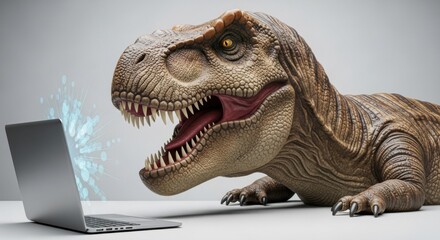 Tyrannosaurus Rex interacting with modern technology like laptop screen