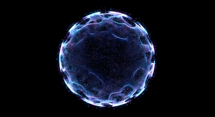Glowing digital sphere made of circuits and particles pulses vibrantly against a stark black background representing abstract technology and data flow