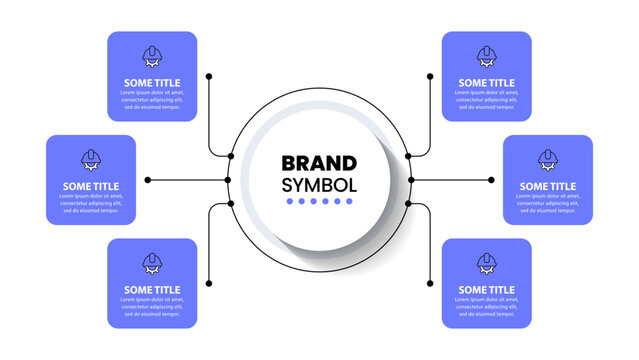 Infographic template. 6 purple squares with icons and text