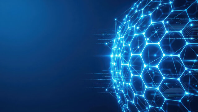 Futuristic Digital Network Abstract Background with Geometric Shapes and Data Stream