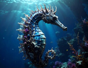 Detailed seahorse amidst coral reefs, bathed in dappled sunlight underwater, creating a surreal, bioluminescent ambiance