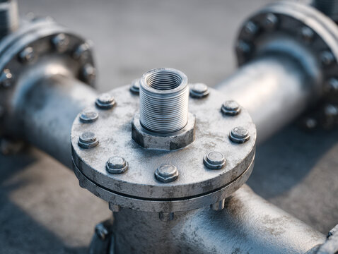 Detailed industrial metal pipe connection with bolts and threaded fitting highlighted in close-up view for plumbing or mechanical applications on an outdoor setting