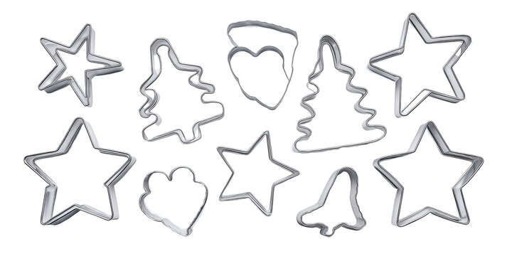 Various Silver Steel Cookie Cutters for Christmas Baking Featuring Star Tree and Bell Shapes Arranged Together on a Transparent Background.