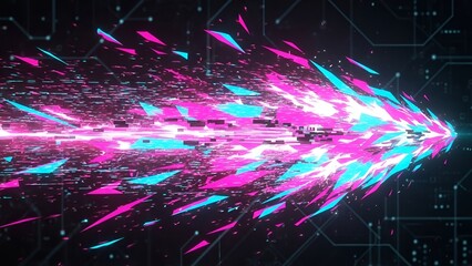 Dynamic data stream of glowing particles with a modern circuit background