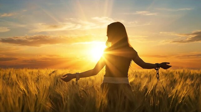Silhouette of a woman with broken shackles in a sun-drenched golden wheat field at sunset, symbolizing freedom, hope, and liberation.