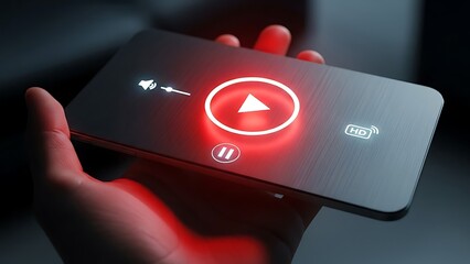 Hand holding smartphone with glowing play button and HD icon mobile phone video