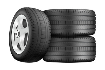 Stacked realistic car tires and silver wheel rim isolated on transparent background, automotive repair concept, durable and modern 3d vector illustration © Dazz