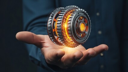 Man's hand holding glowing mechanical gears with orange light machinery engineering