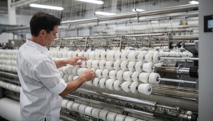 Medium shot of technician arranging dense white yarn cones meticulously onto warping creel in preparation for beam winding in textile manufacturing.