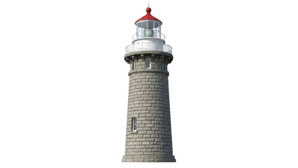 Stone lighthouse with red top isolated PNG, tall maritime navigation tower on transparent background for travel and architecture concepts