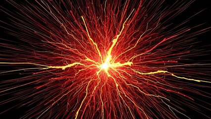 Energetic burst of light with radiating filaments in shades of red and gold