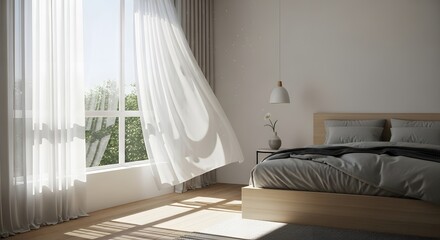 Bright bedroom interior with sheer white curtains gently billowing inward from a large window on a sunny morning