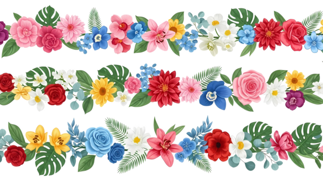 Vibrant Seamless Flower Borders for Decorative Designs and Botanical Patterns Illustration - Powered by Adobe