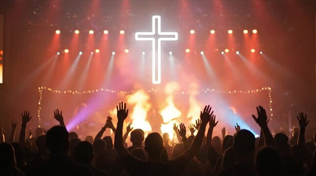 Dynamic Christian Worship Gathering with Silhouetted Congregation Raising Hands in Praise Under a Luminous Cross and Dramatic Stage Lighting