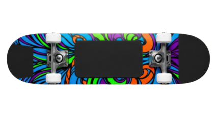 Skateboard with colorful swirl pattern isolated PNG, skateboarding equipment for recreation and sports on transparent background