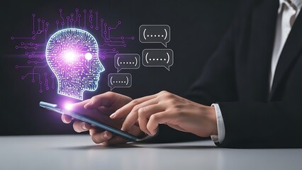 Person Using Smartphone with AI Brain and Chat Bubbles Overlay artificial intelligence