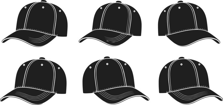 Black baseball caps vector illustration, uniform sports headwear design, fashion accessory collection, isolated hat icons, branding mockup elements, stylish stitched cap set